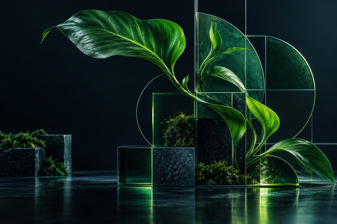 Green leaves growing through glass geometric panels in the dark